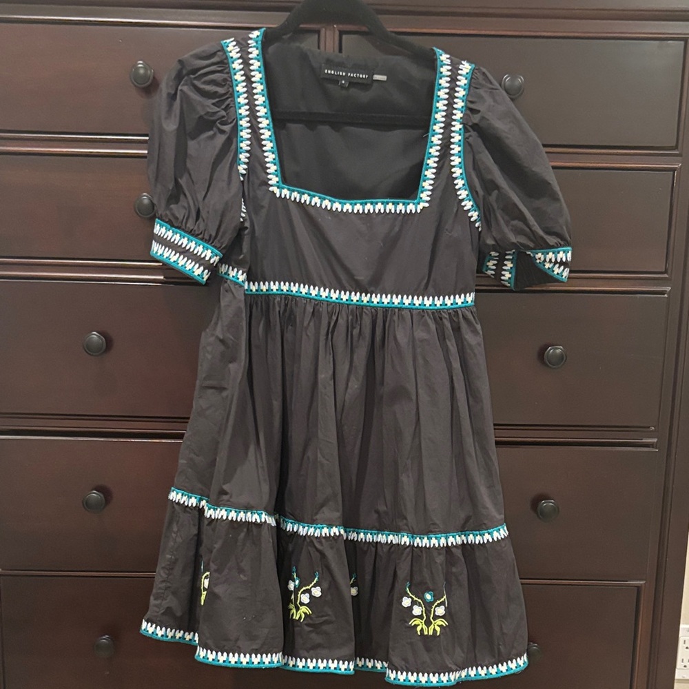 English Factory Navy Blue Dress with Light Blue Embroidery